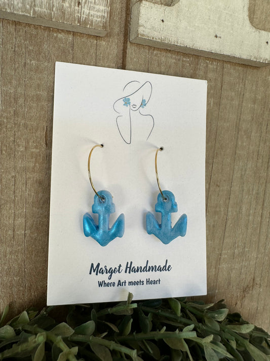 Blue Anchor Hoop Earrings